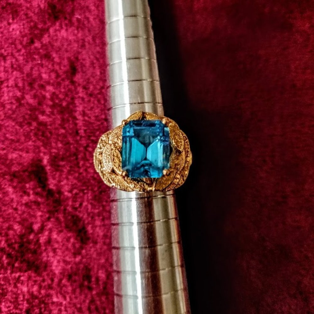 14K Solid Yellow Gold Ring with Blue Topaz - 50% Discount + Free Shipping